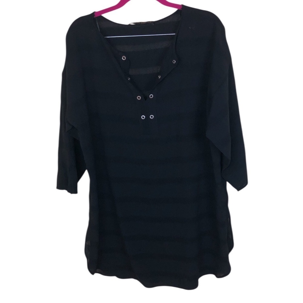 Zara Basic Black Striped 3/4 Sleeve Split Neck lagenlook Tunic Blouse Size L